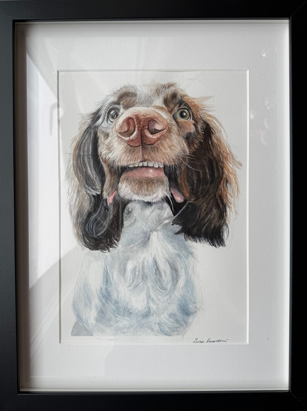Custom watercolour dog portrait in a frame