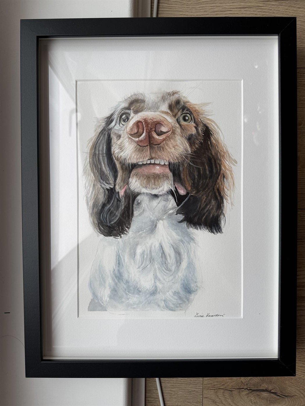 Framed watercolour dog portrait painting