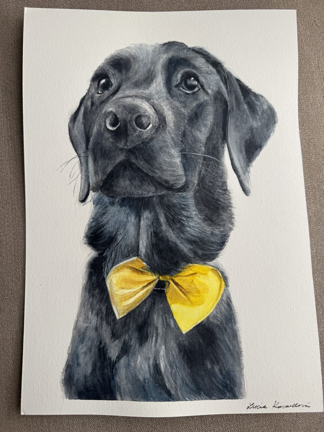 Black dog watercolour portrait with yellow bow